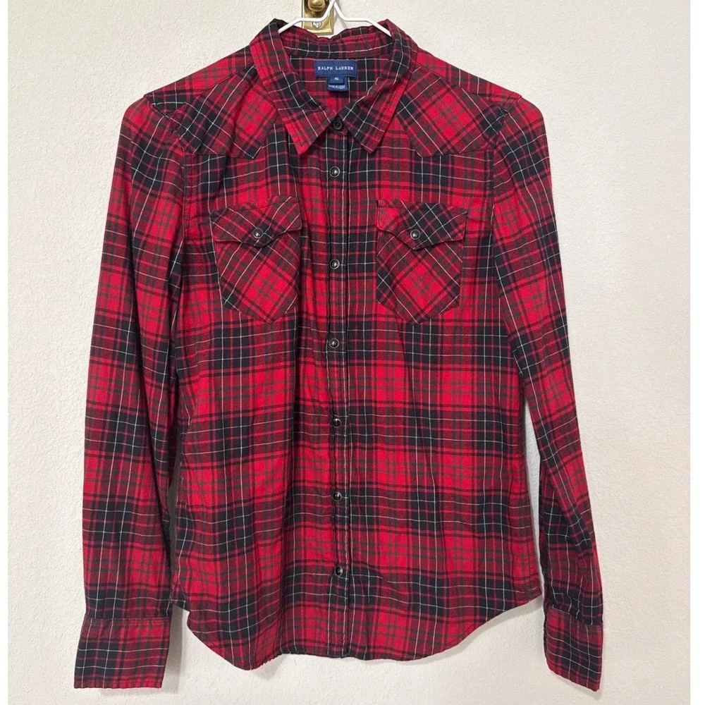 Ralph Lauren Plaid Button Down Girls Size 16 Red Black Western Snap Shirt